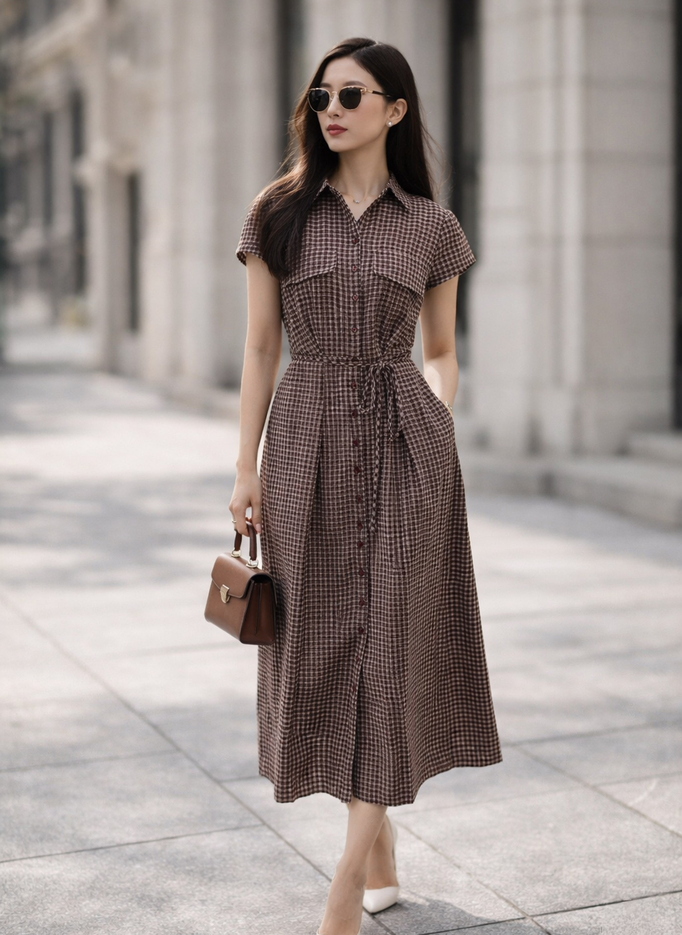 SWANLAKE | Váy Đầm Nữ Sơ Mi Caro Vải Linen Tay Ngắn Chiết Eo Buộc Dây Công Sở Dạo Phố D13800LW01