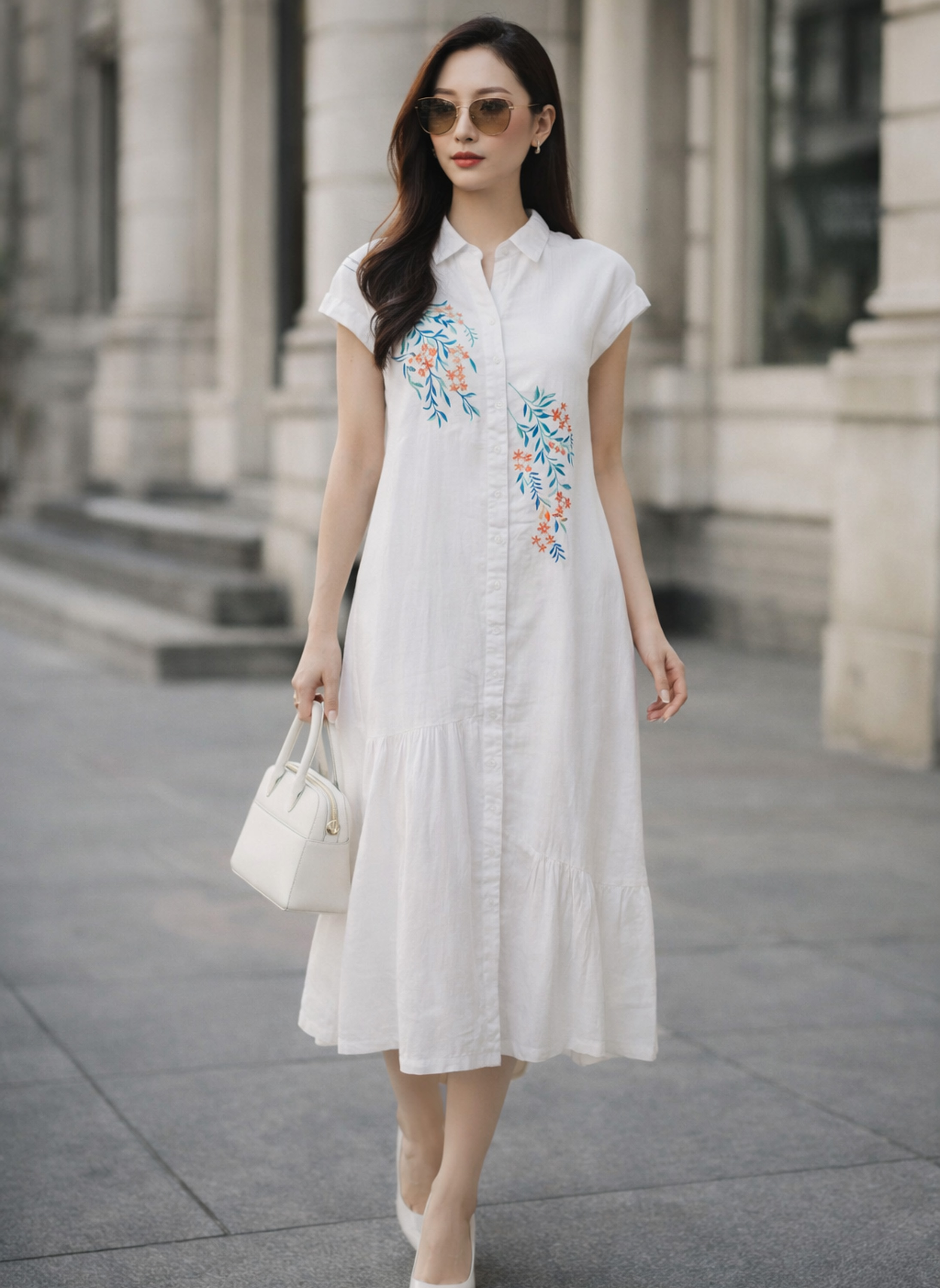 Đầm Maxi Suông Tay Hến Cổ Sơ Mi Linen Thêu Hoa D13603LW01