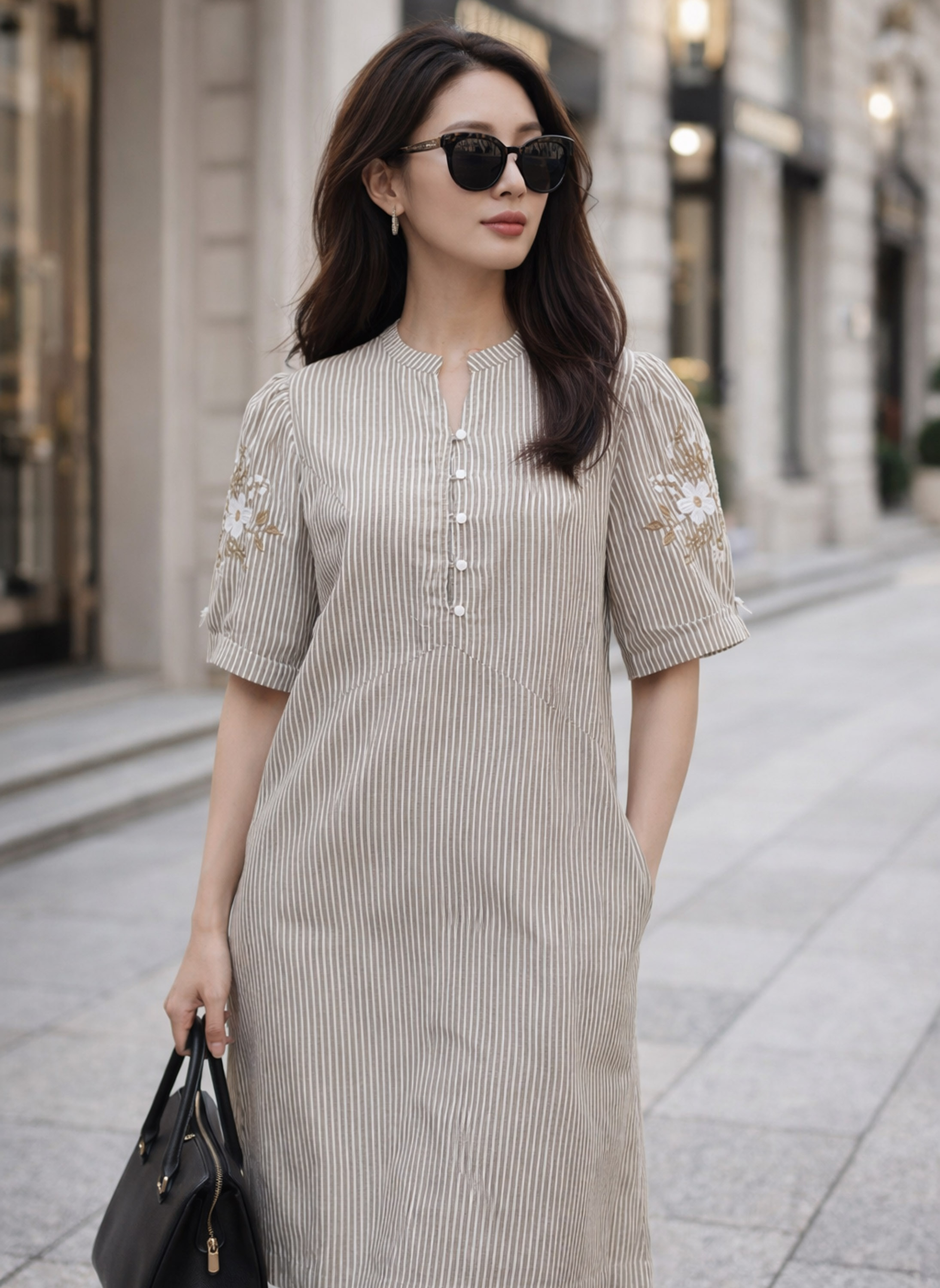 SWANLAKE | Váy Đầm Nữ Midi Suông Vải Cotton Sọc Thêu Hoa Cổ Trụ Cài Nút Tay Ngắn Dạo Phố Hè D13623LW01