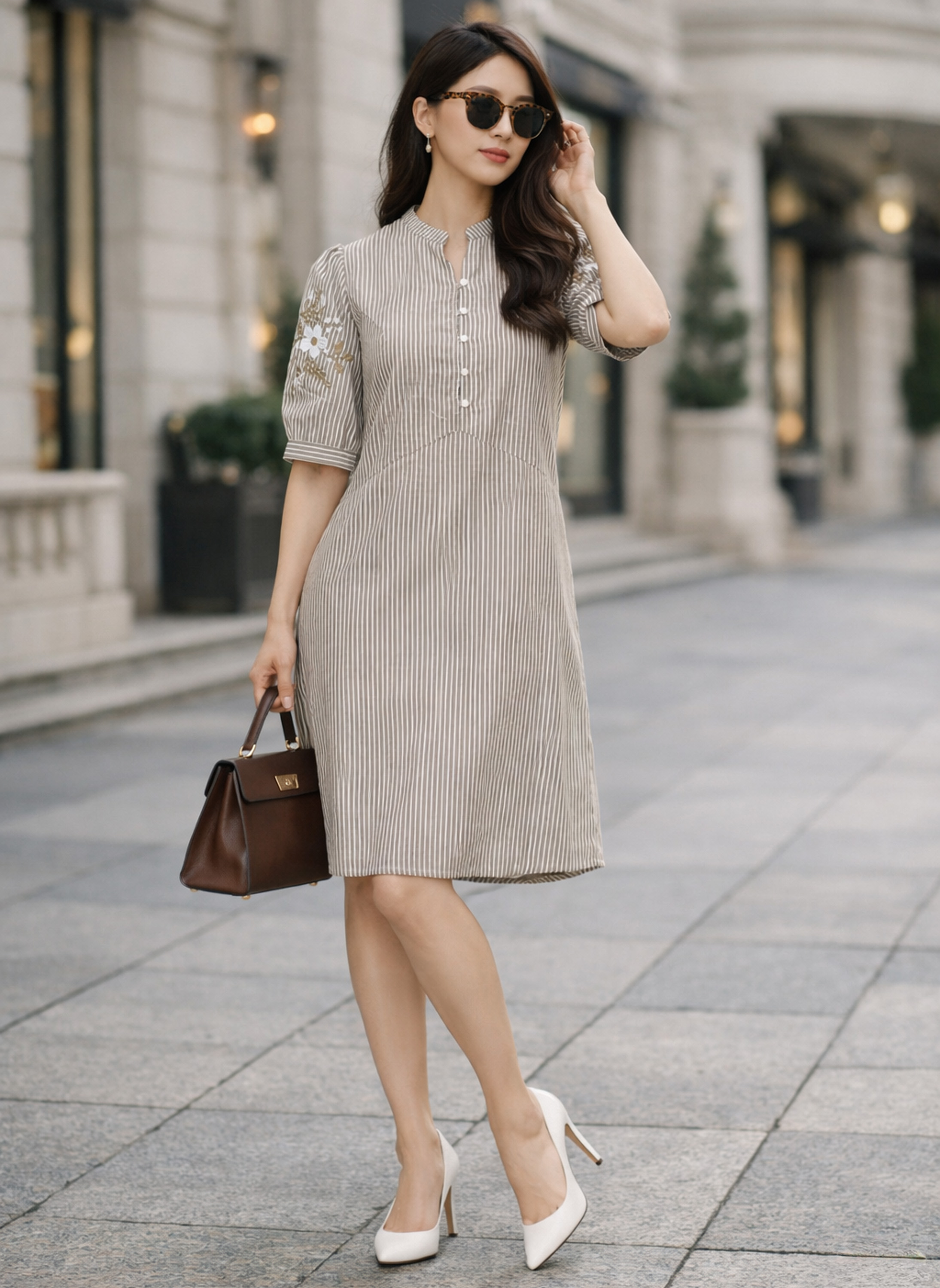 SWANLAKE | Váy Đầm Nữ Midi Suông Vải Cotton Sọc Thêu Hoa Cổ Trụ Cài Nút Tay Ngắn Dạo Phố Hè D13623LW01