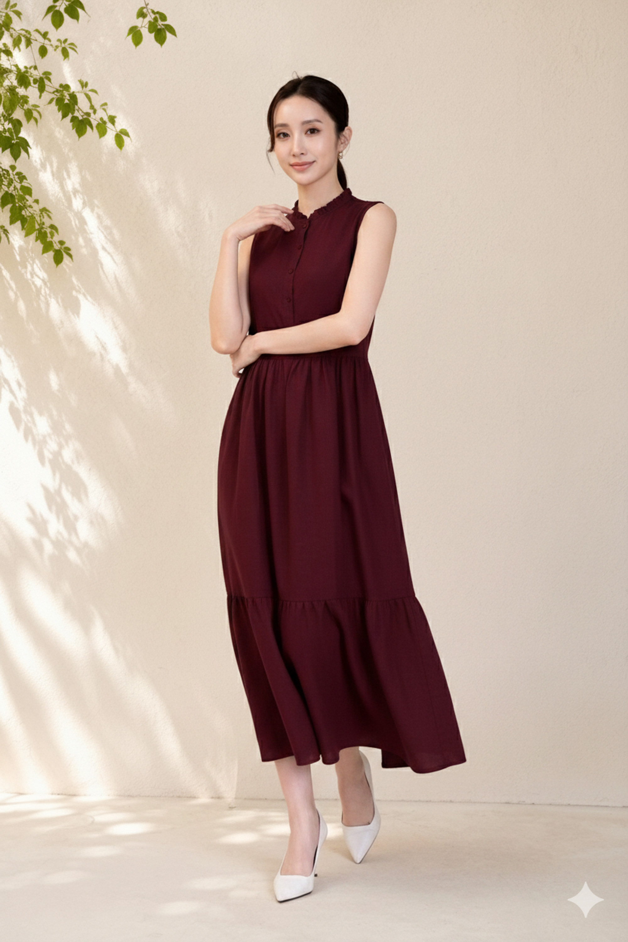 SWANLAKE | Váy Đầm Nữ Dài Đuôi Cá Xòe Sát Nách Vải Linen Hàn Cổ Trụ Cài Nút Công Sở Dạo Phố D13839LW01