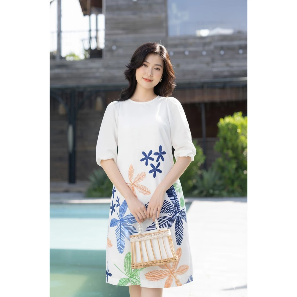 SWANLAKE | Váy Đầm Nữ Midi Suông Linen Lụa Cao Cấp Cổ Tròn Tay Bí Hoạ Tiết Hè Thoải Mái D11013LW07