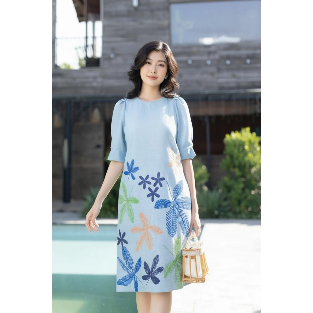 SWANLAKE | Váy Đầm Nữ Midi Suông Linen Lụa Cao Cấp Cổ Tròn Tay Bí Hoạ Tiết Hè Thoải Mái D11013LW07