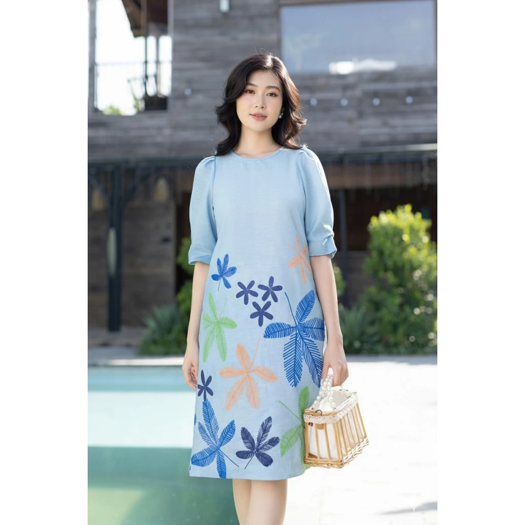 SWANLAKE | Váy Đầm Nữ Midi Suông Linen Lụa Cao Cấp Cổ Tròn Tay Bí Hoạ Tiết Hè Thoải Mái D11013LW07