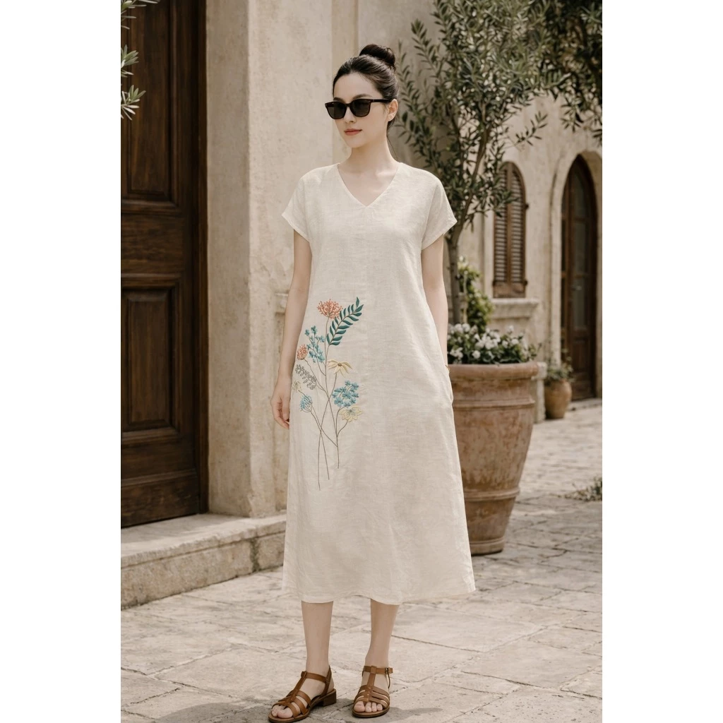 SWANLAKE | Váy Đầm Nữ Maxi Suông Tay Hến Cổ Chữ V Vải Linen Thêu Hoa Công Sở Dạo Phố Hè D13729LW01