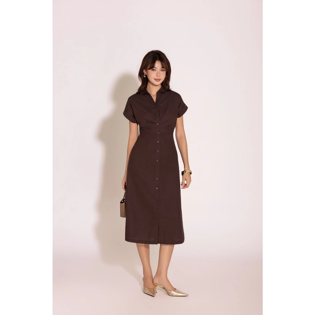 SWANLAKE | Váy Đầm Nữ Sơ Mi Trơn Dáng Dài Vải Linen Tay Ngắn Chiết Eo Công Sở Thanh Lịch D14080LW01