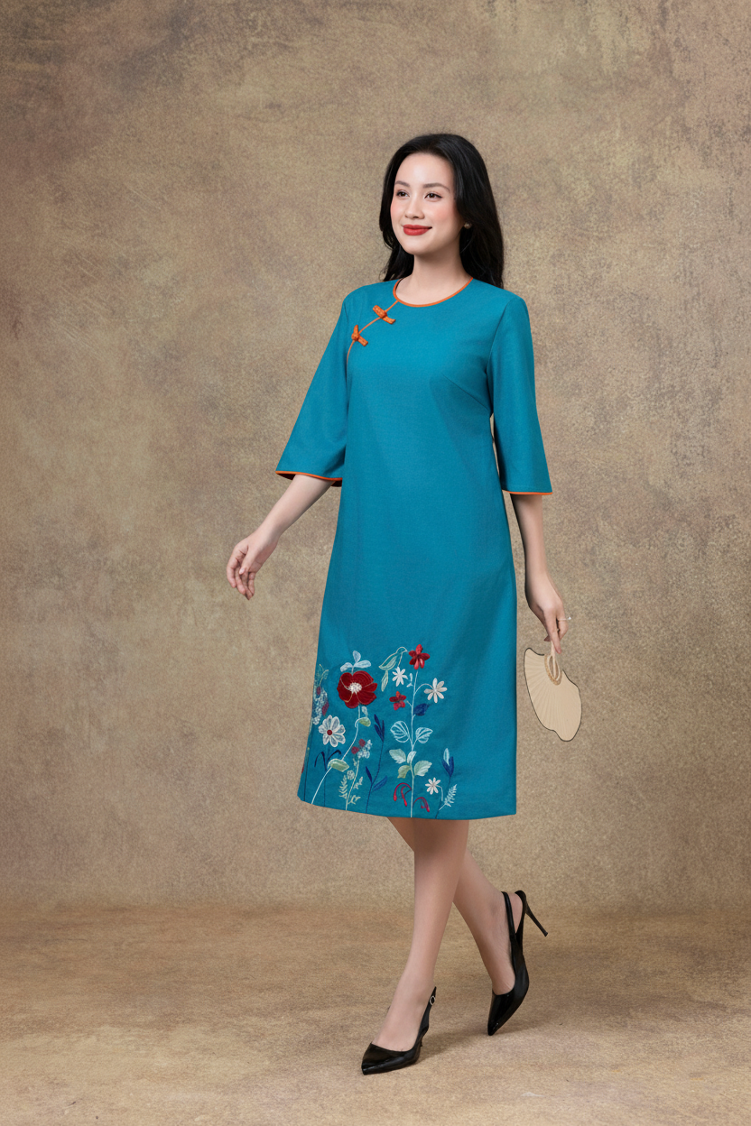 SWANLAKE | Váy Đầm Nữ Midi Suông Cổ Tròn Tay Lỡ Chất Vải Linen Thêu Hoa Cao Cấp Đi Tiệc D13228LW01