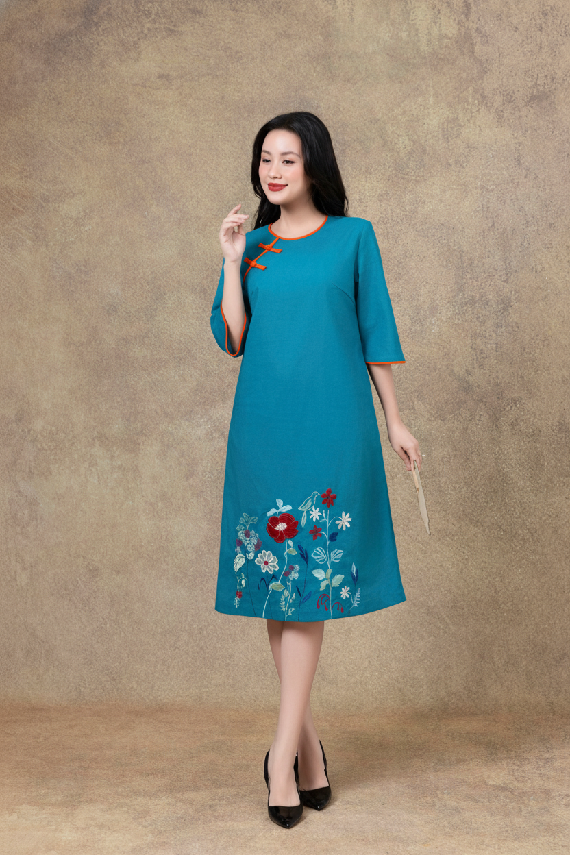 SWANLAKE | Váy Đầm Nữ Midi Suông Cổ Tròn Tay Lỡ Chất Vải Linen Thêu Hoa Cao Cấp Đi Tiệc D13228LW01