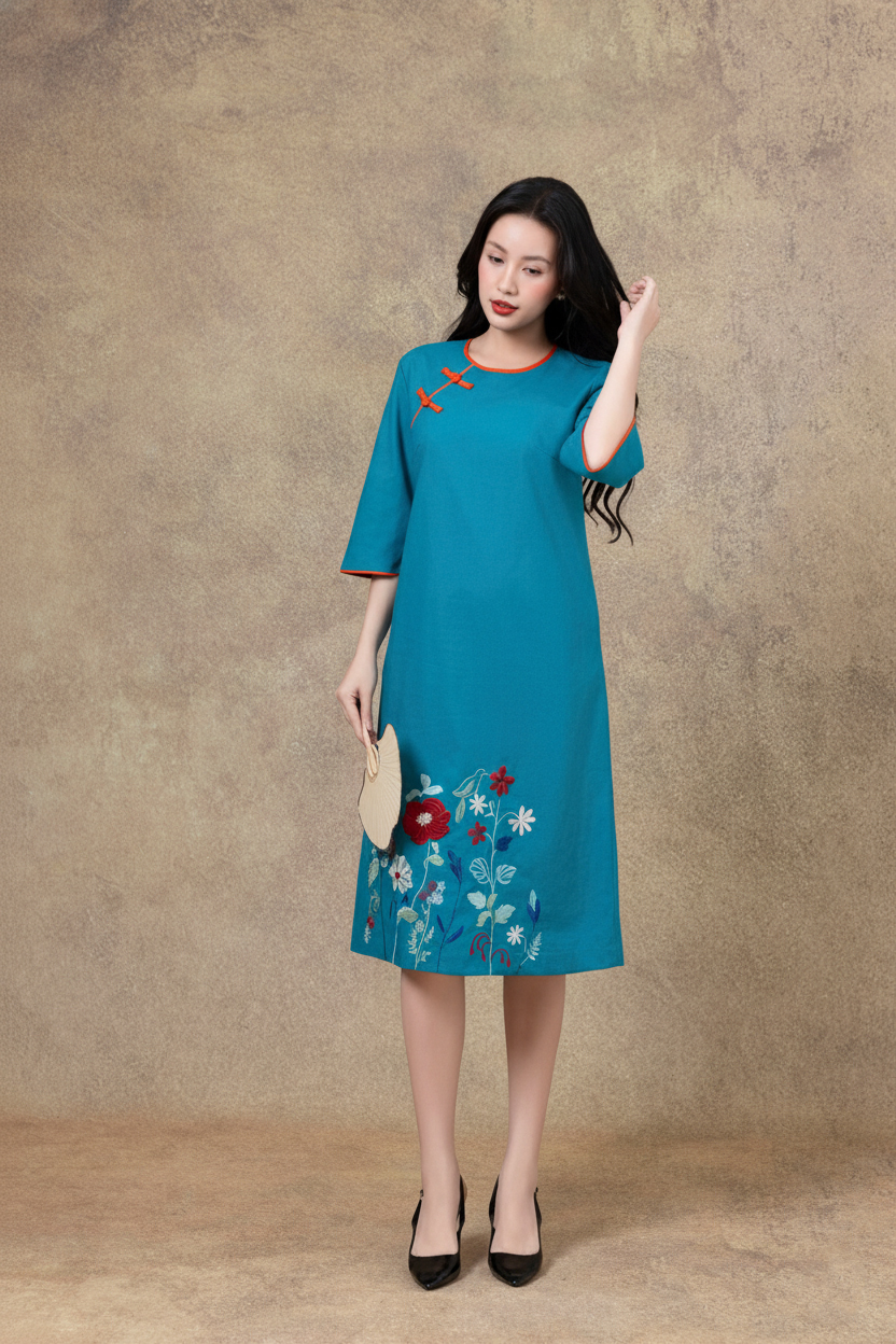 SWANLAKE | Váy Đầm Nữ Midi Suông Cổ Tròn Tay Lỡ Chất Vải Linen Thêu Hoa Cao Cấp Đi Tiệc D13228LW01