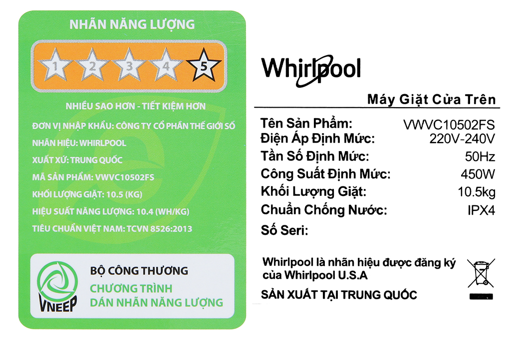 Máy giặt Whirlpool 10.5 kg VWVC10502FS