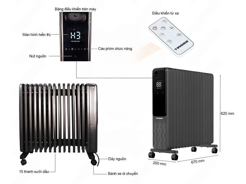 Máy sưởi dầu Tiross TS9222 cao cấp 2800w 15 thanh