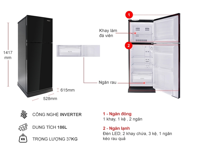 Tủ lạnh Aqua Inverter 186 lít AQR-T219FA (PB)