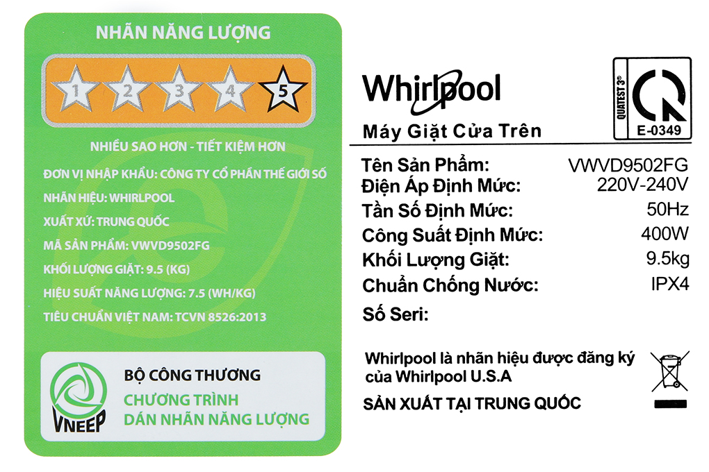 Máy giặt Whirlpool VWVD9502FG Inverter 9.5 kg