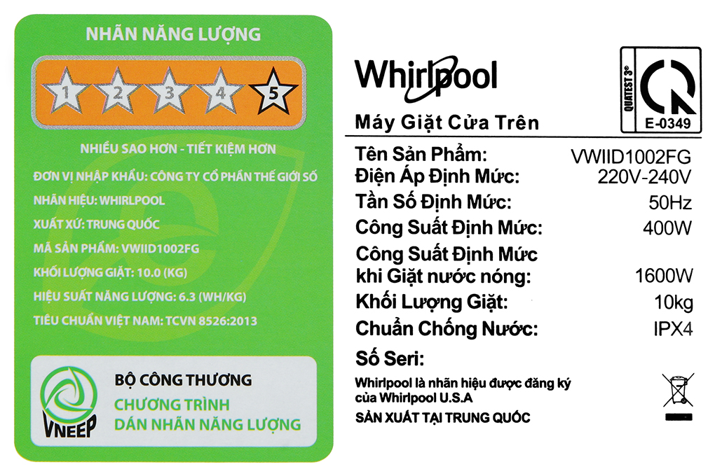 Máy giặt Whirlpool Inverter 10 kg VWIID1002FG