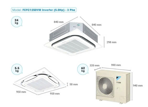 Điều hòa âm trần Daikin 45.000BTU inverter 1 chiều 3 pha FCFC125DVM