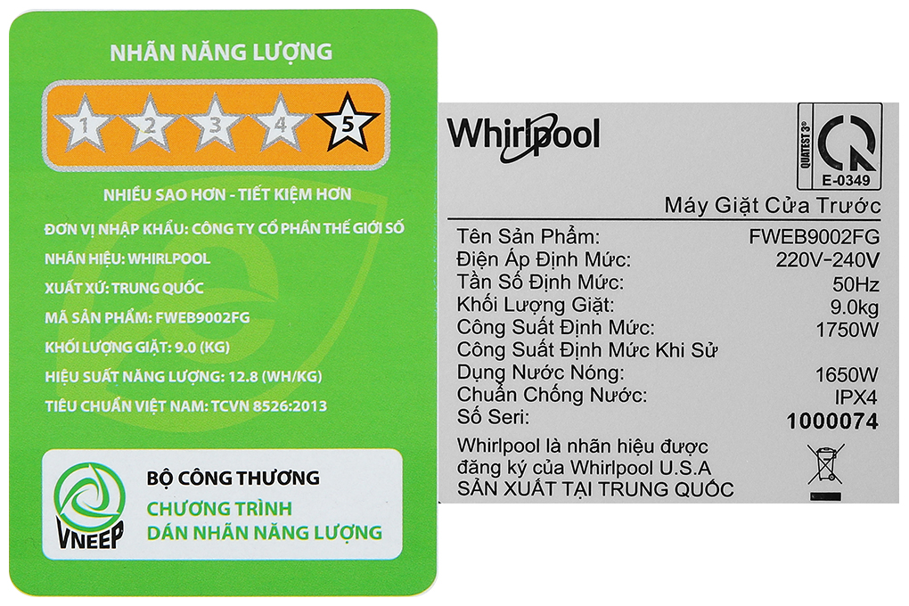 Máy giặt Whirlpool Inverter 9 kg FWEB9002FG