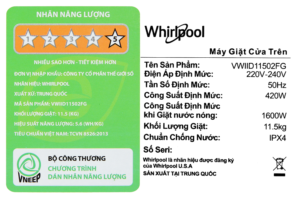 Máy giặt Whirlpool Inverter 10.5 kg VWVD10502FG