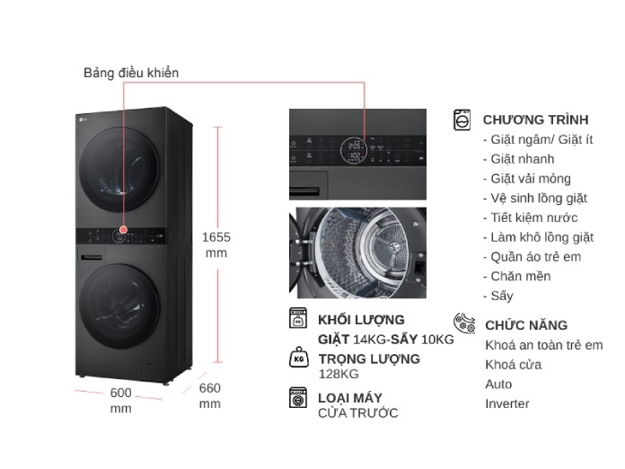Máy giặt sấy LG Inverter 14 kg WT1410NHB