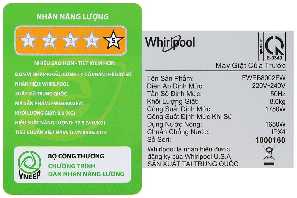 Máy giặt Whirlpool Inverter 8 kg FWEB8002FW