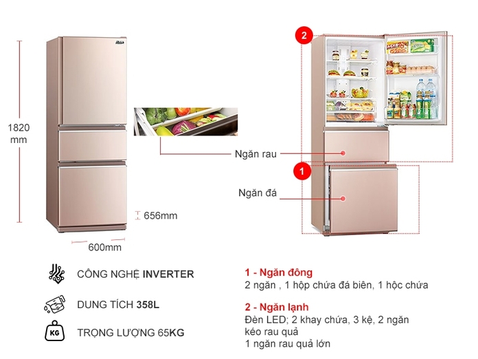 Tủ lạnh Mitsubishi Electric Inverter 358 lít MR-CX46EJ-PS-V ( Hết hàng)