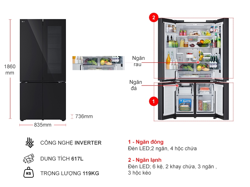 Tủ lạnh LG Inverter 617 lít Multi Door InstaView LFB61BLGAI