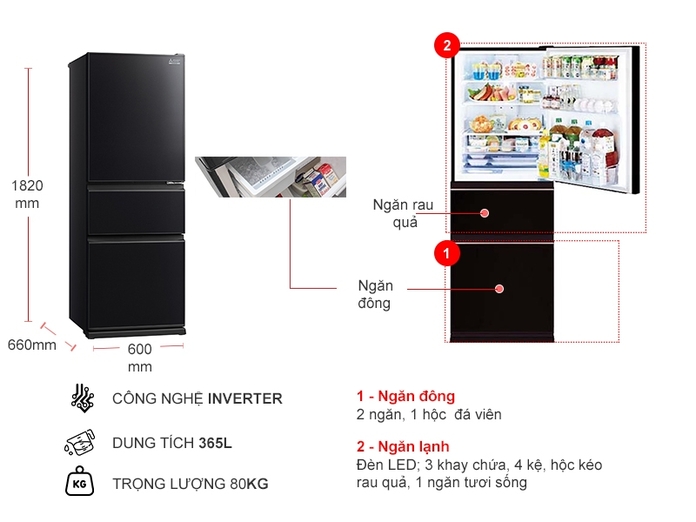 Tủ lạnh Mitsubishi Inverter 365 lít MR-CGX46EN-GBK-V