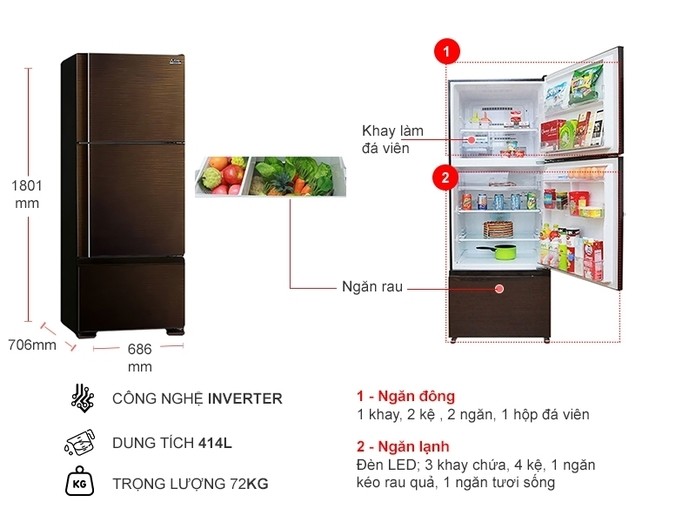 Tủ lạnh Mitsubishi Electric Inverter 414 lít MR-V50ER-BRW-V