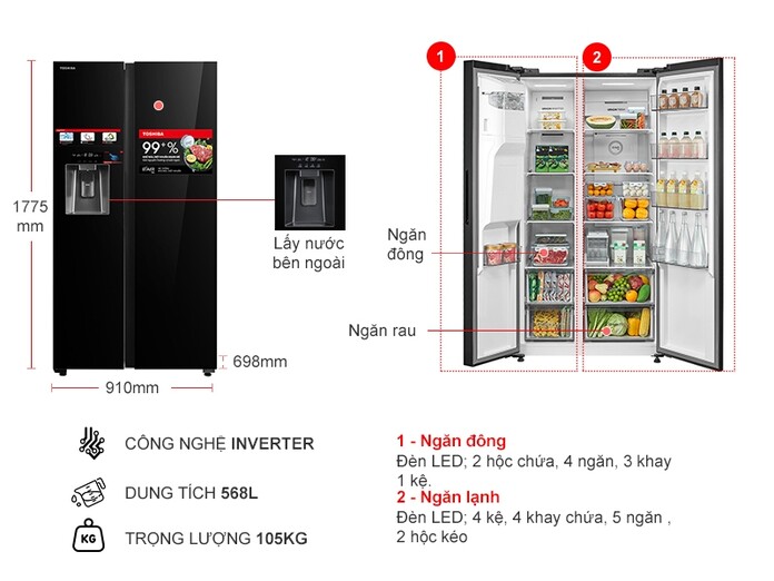 Tủ lạnh Toshiba Inverter 568 lít Side By Side GR-RS755WIA-PGV(22)-XK