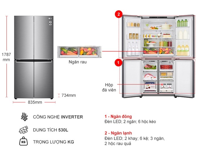 Tủ lạnh LG French Door Smart Inverter™ -LINEARCooling™ 530L màu bạc GR-B53PS- modem 2024