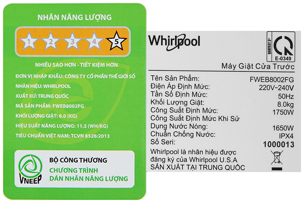 Máy giặt Whirlpool Inverter 8 kg FWEB8002FG