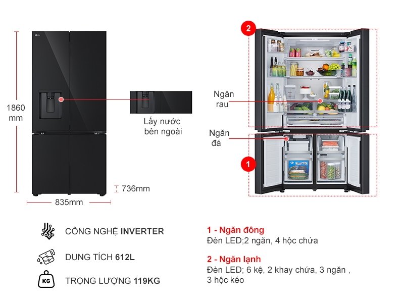 Tủ lạnh LG Inverter 612 lít Multi Door InstaView LFD61BLGAI