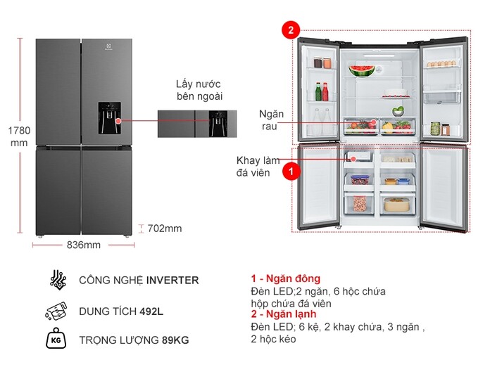 Tủ lạnh 4 cửa Electrolux Inventer 499L có lấy nước ngoài EQE4960A-B Mới [2024]