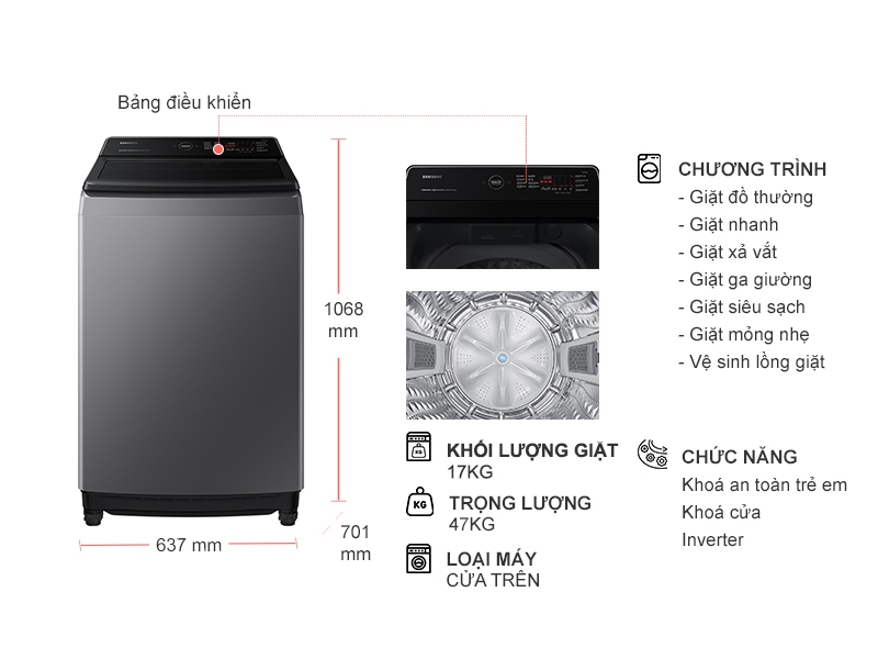 Máy giặt Samsung Ecobubble Inverter 17 kg WA17CG6442BDSV