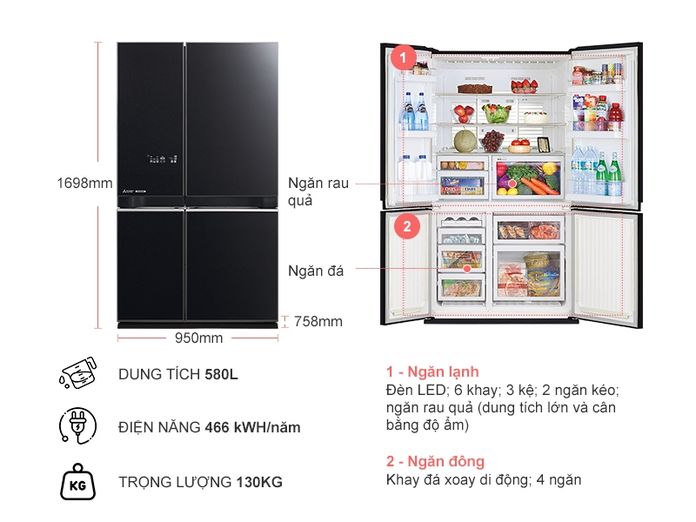 Tủ lạnh Mitsubishi Electric  4 cửa 580 lít MR-LA72ER-GBK-V (Đen)
