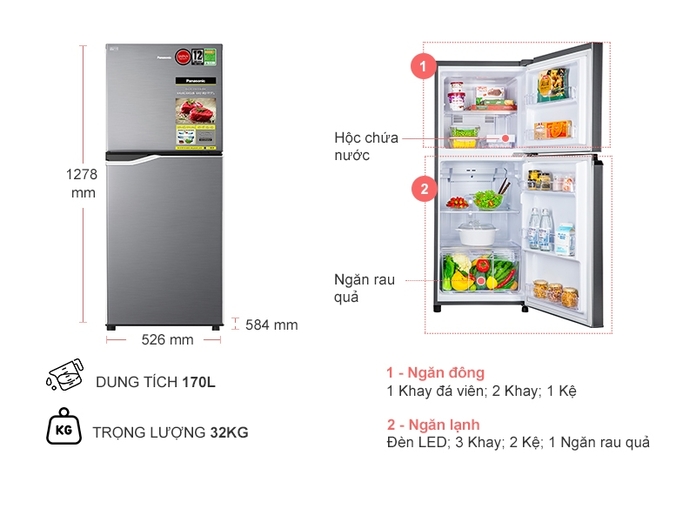 Tủ lạnh Panasonic Inverter 170 lít NR-BA190PPVN