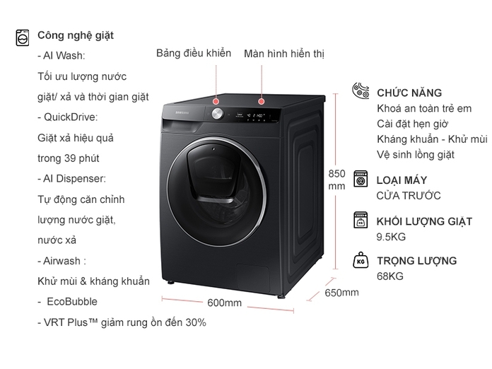 Máy giặt sấy Samsung Inverter 9.5 kg WD95T754DBX/SV ( Gía Bán Tại Kho)