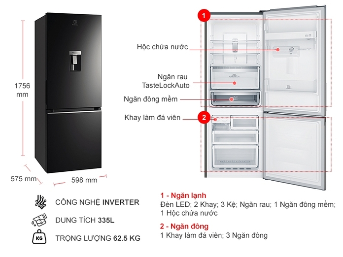 Tủ lạnh Electrolux Inverter 335 lít EBB3742K-H