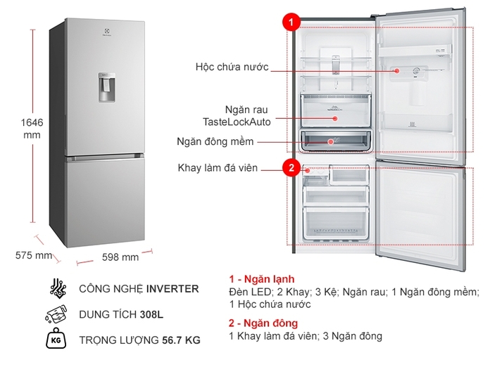 Tủ lạnh Electrolux Inverter 308 lít EBB3442K-A 