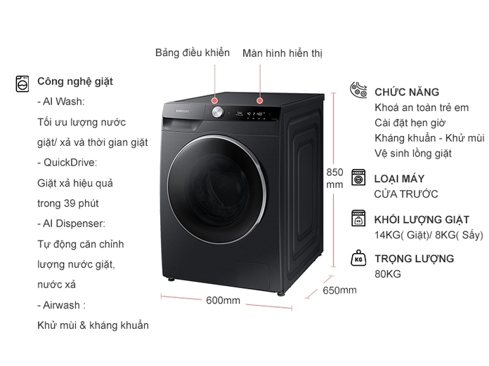 Máy giặt sấy Samsung Inverter 14 kg WD14TP44DSB/SV
