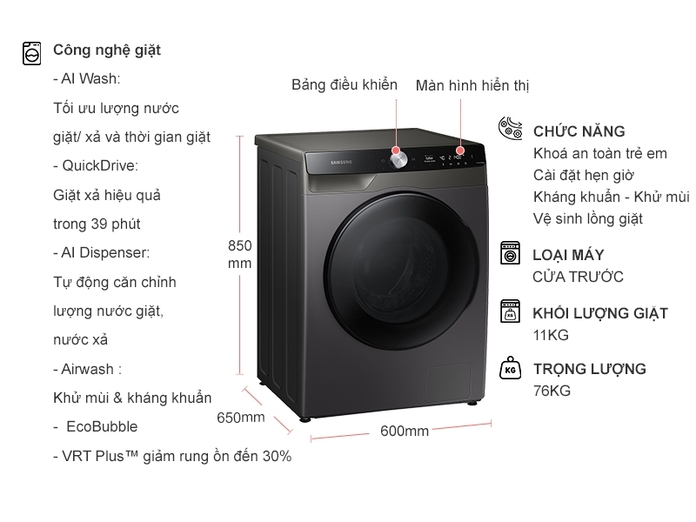 Máy giặt sấy Samsung Inverter 11 kg WD11T734DBX/SV