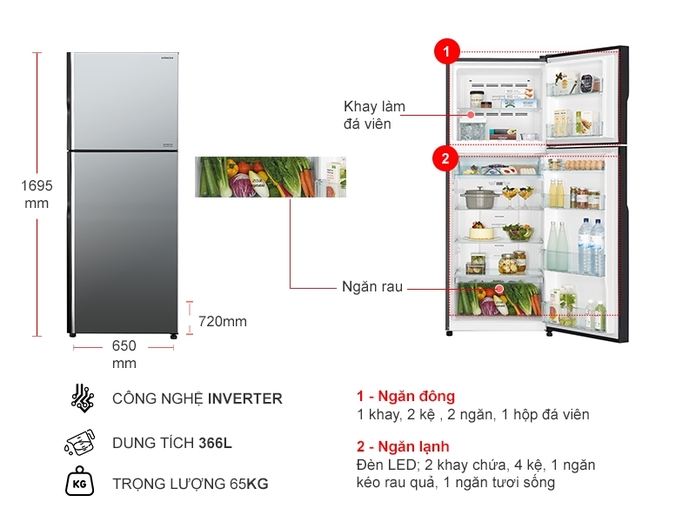 Tủ lạnh Hitachi Inverter 366 lít R-FVX480PGV9(MIR)
