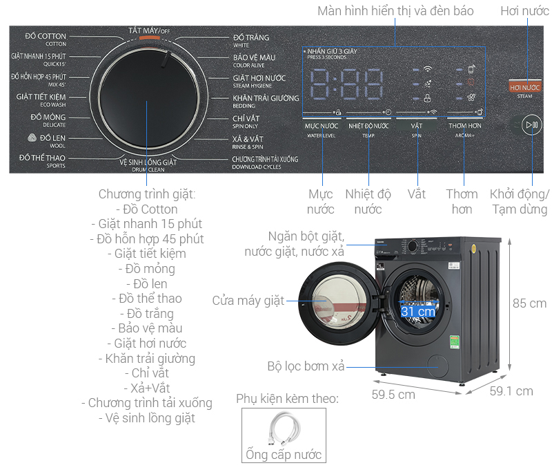 Máy giặt sấy Toshiba Inverter giặt 10.5 kg - sấy 7 kg TWD-T21BU115UWV(MG) [2024]