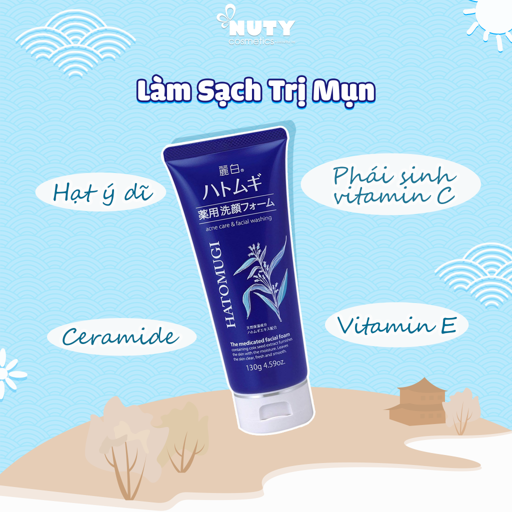 Sữa Rửa Mặt Ý Dĩ Hatomugi The Medicated Facial Foam 130g (Màu Xanh) | LYO SHOP - Beauty & Heath