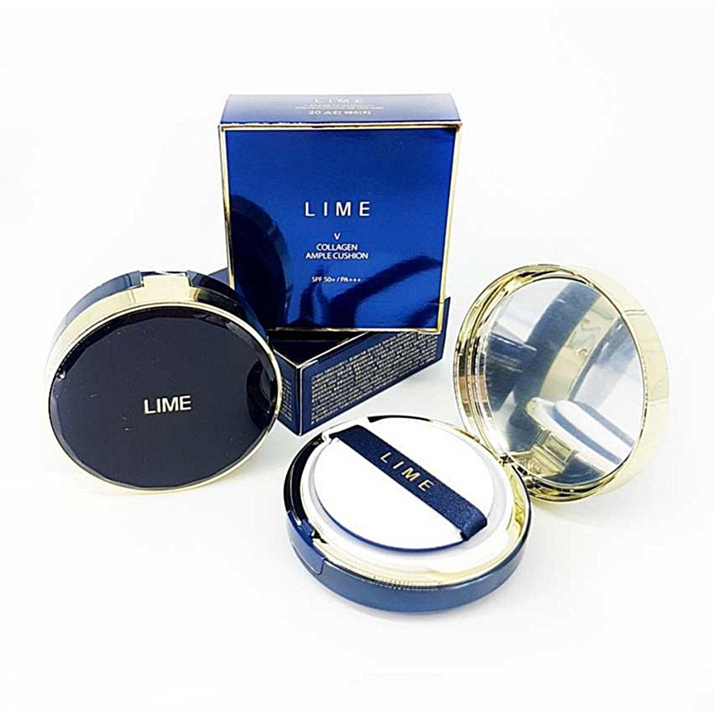 Phấn nước Lime V Collagen Ample Cushio SPF50+ PA+++ (Màu xanh) và Real Cover Pink Cushion SPF50+ PA+++ (Màu trắng)
