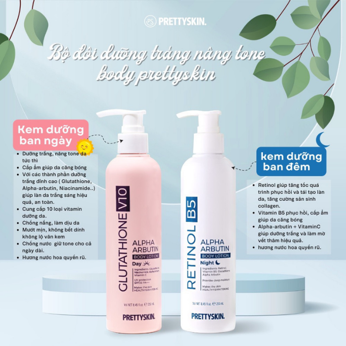Kem dưỡng trắng da body Prettyskin Glutathione V10 & Retinol B5 250ml