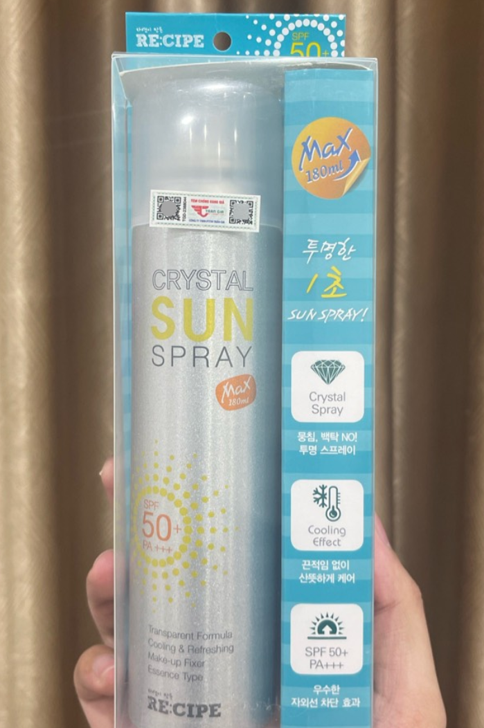 Xịt Chống Nắng Tối Ưu Cho Mặt & Body RECIPE Crystal Sun Spray RE:CIPE SPF50+ PA+++ Hàn Quốc 180ml
