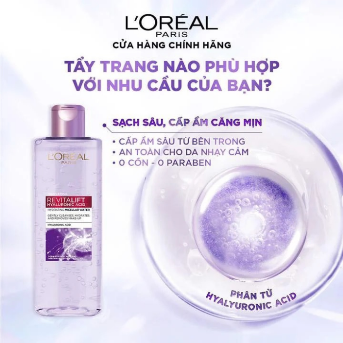 Nước Tẩy Trang Làm Sạch Cấp Ẩm Căng Mịn Da L'Oreal loreal Paris Revitalift Hyaluronic Acid 400ml ( Tím )