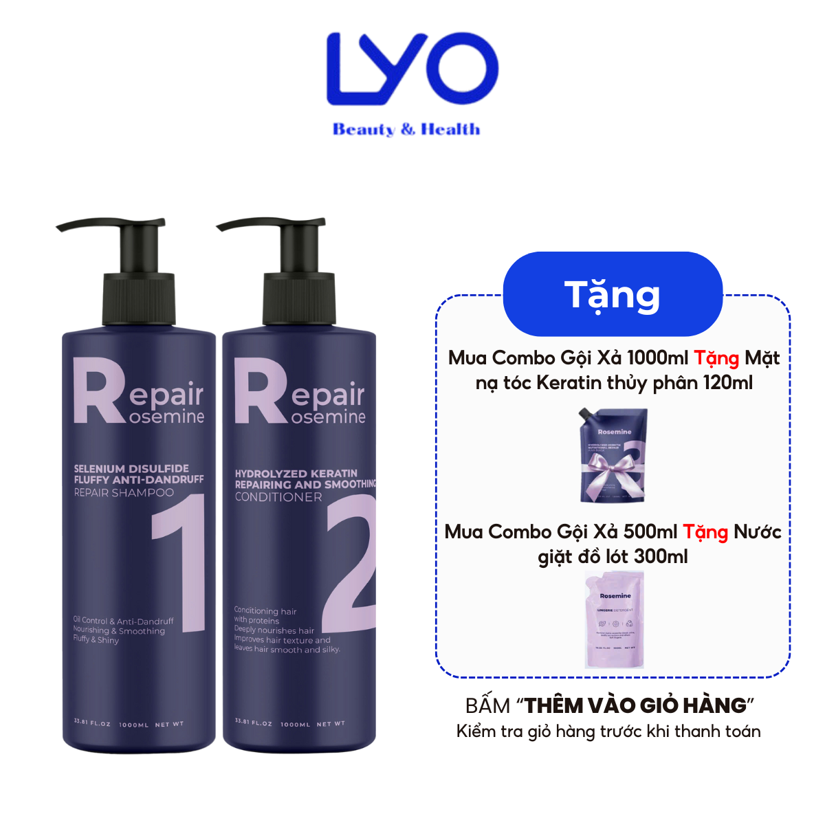 Combo Dầu Gội & Xả Phục Hồi, Làm Phồng Tóc, Giảm Gãy Rụng Rosemine Repair Hàn Quốc 500ml x 2 & 1000ml x 2