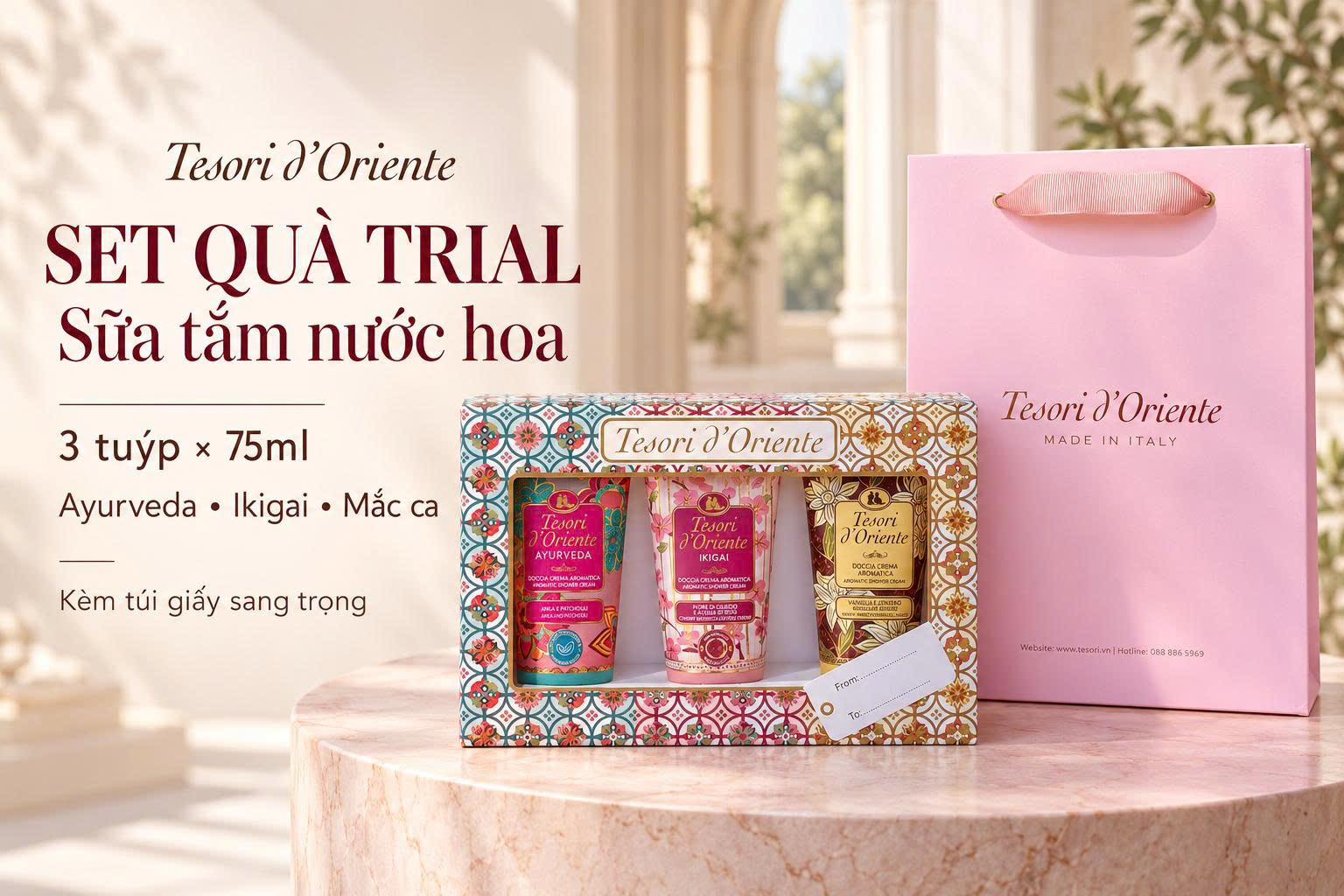F528 - TESORI - Set quà Trial Sữa tắm nước hoa 3 tuýp x 75ml