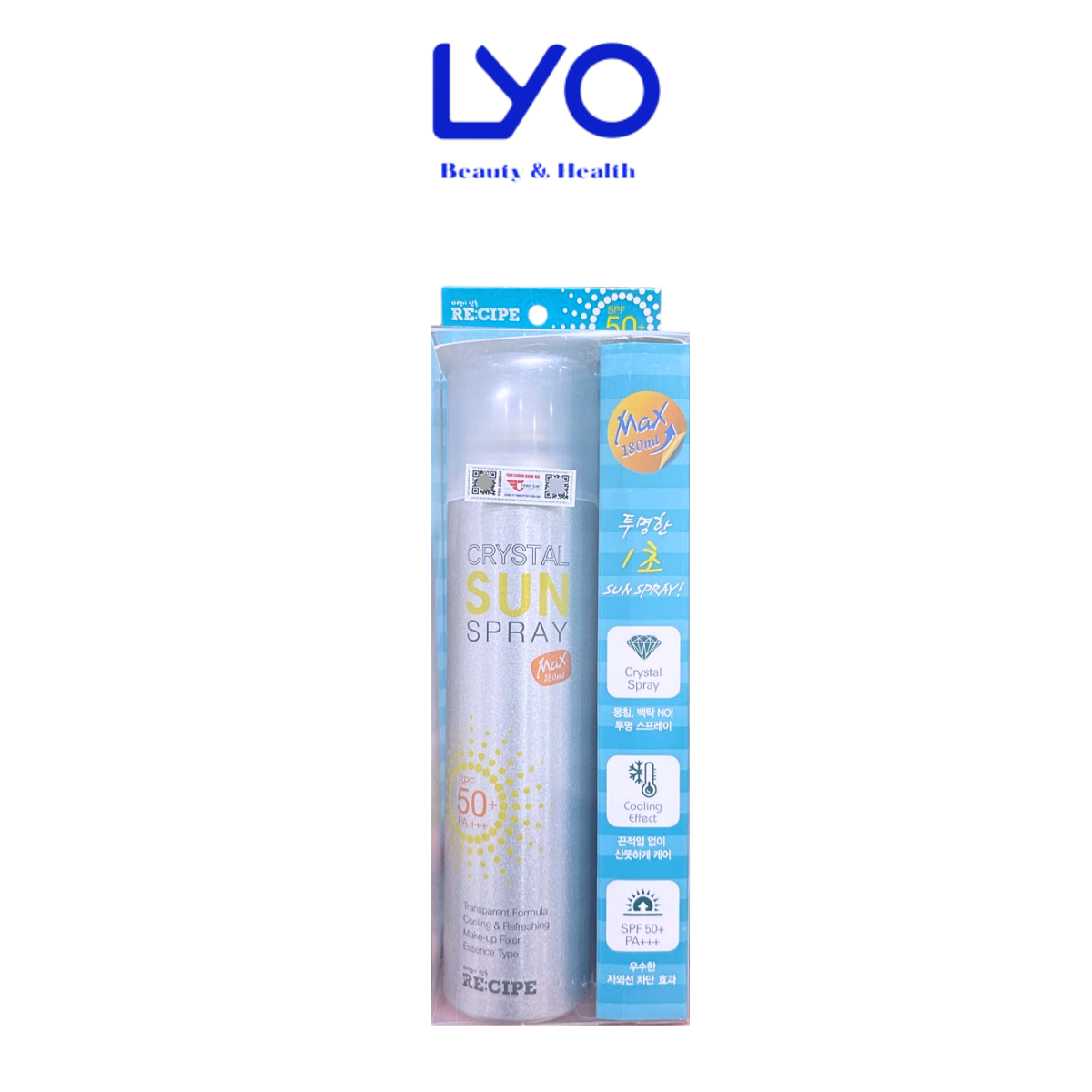 Xịt Chống Nắng Tối Ưu Cho Mặt & Body RECIPE Crystal Sun Spray RE:CIPE SPF50+ PA+++ Hàn Quốc 180ml